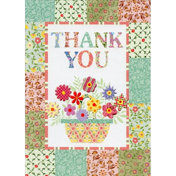 Designer Greetings Patchwork Flowers in Basket with Floral Grid Border Thank You Card