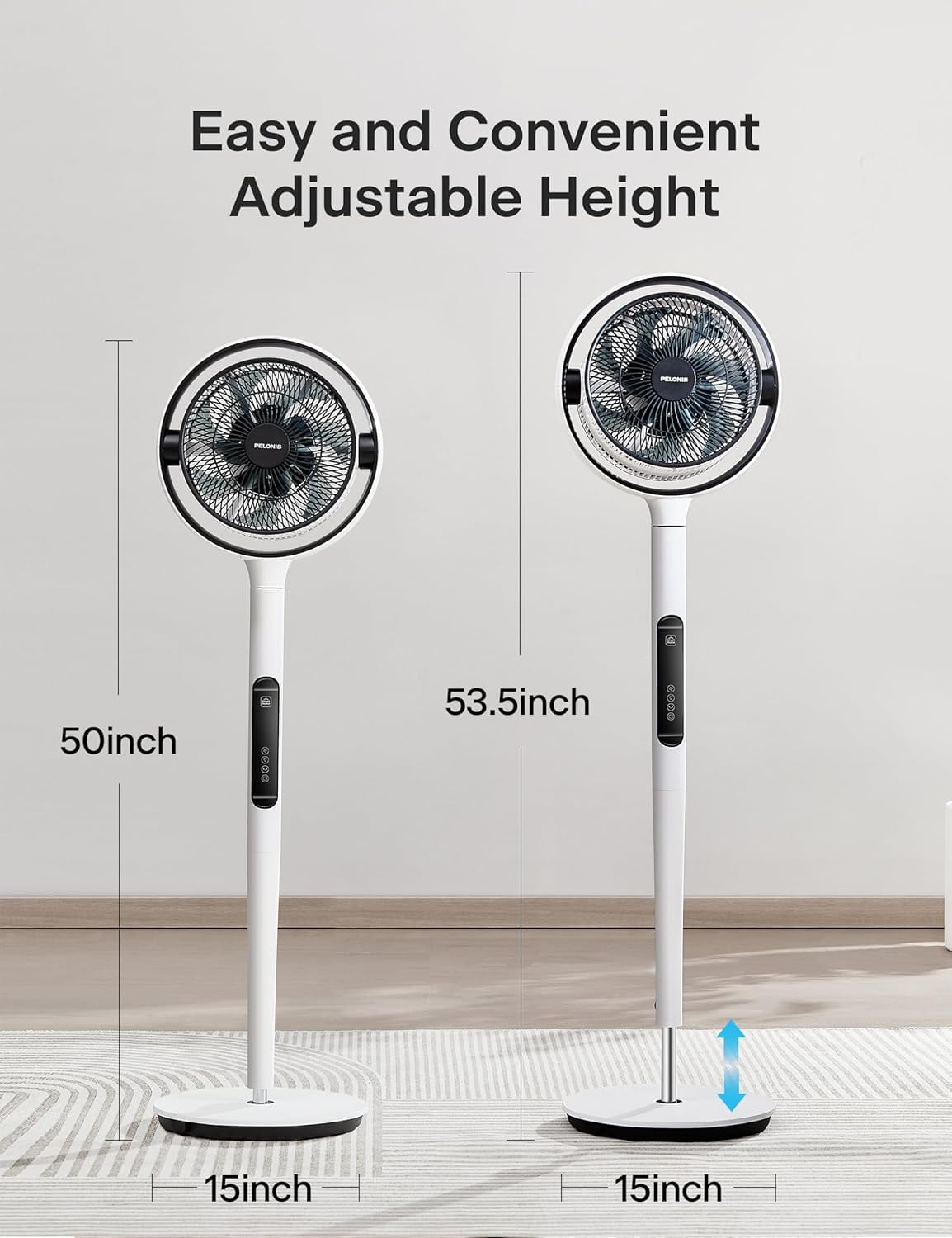 Pelonis Adjustable Pedestal Fan, 9 Speed, Oscillation, Quiet, Smart, Remote, 50-53.5", White
