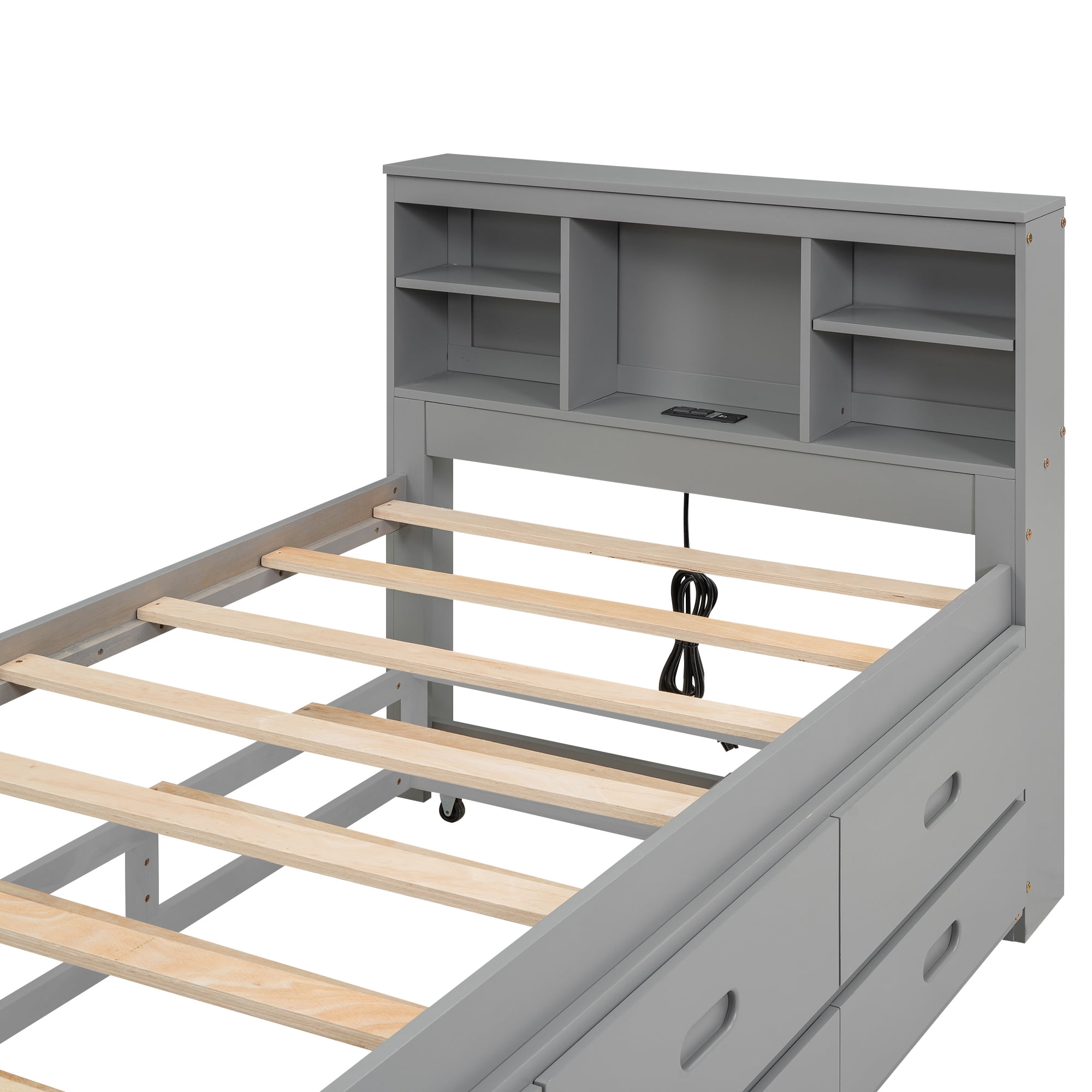 Euroco Wood Twin Size Platform Bed with Storage Trundle Bed and Drawers, USB Charging and Shleves, Gray