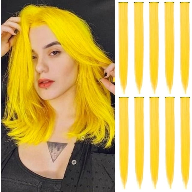 LAICAIW Extensions de Cheveux Colorées de 22 Pouces, Mèches de Fête Multicolores à Clipser, Extensions de Cheveux Synthétiques (10 Pcs-Jaune)