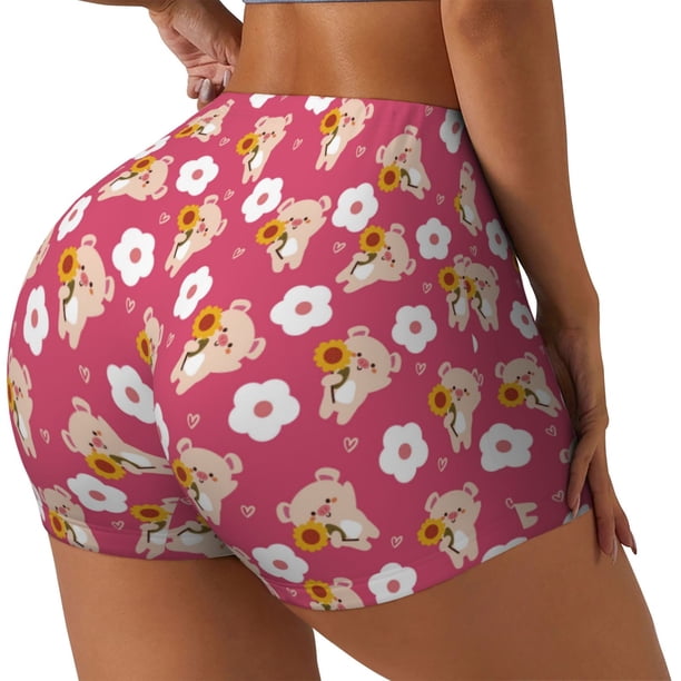 Balery Piggy Sunflower Pantalones cortos de entrenamiento estampados para mujer, sin costuras, ajustados, para gimnasio, yoga, correr, deportes, ejercicio activo, fitness.-Small