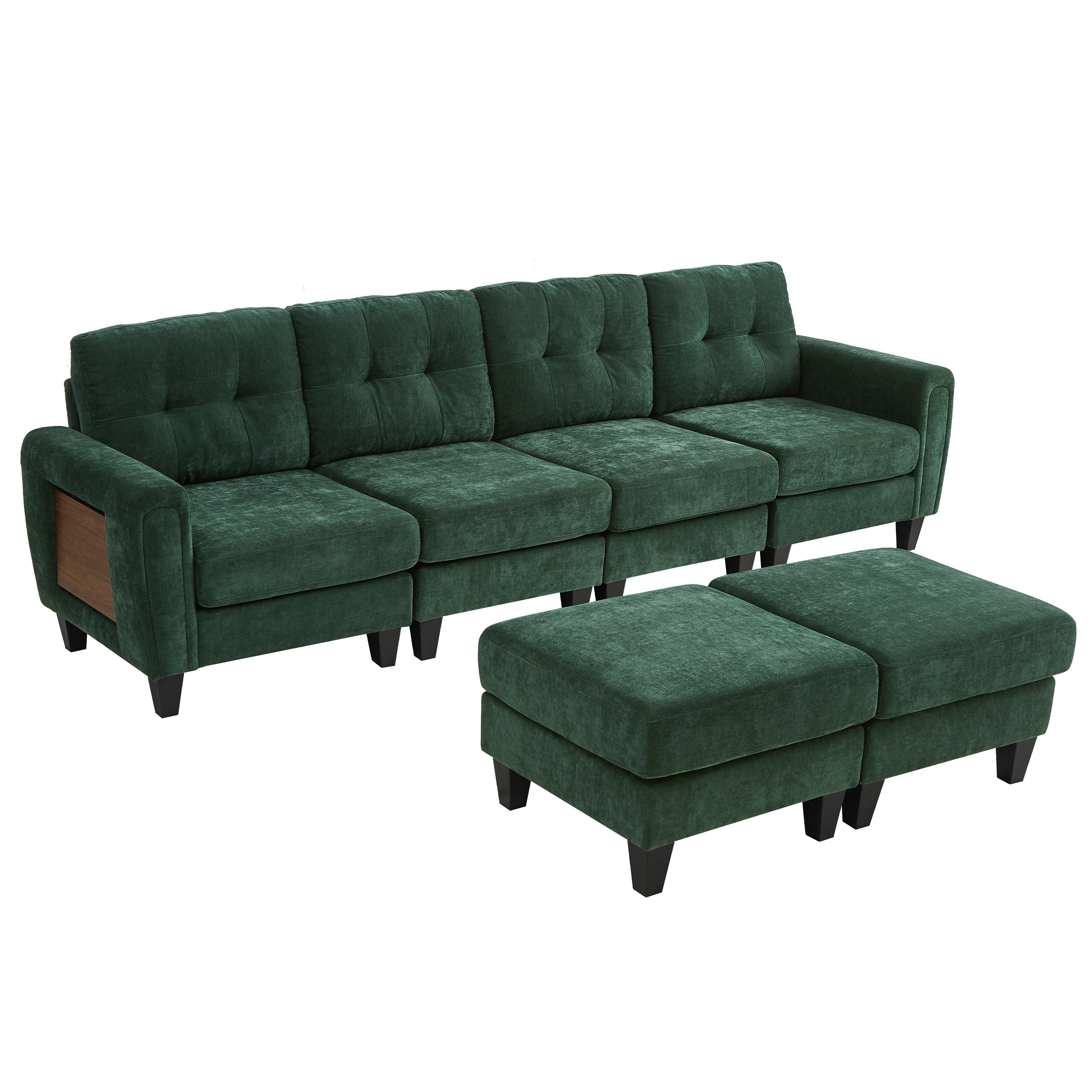 Euroco Modern Sectional Sofa 115" U-shaped Sofa Upholstered Sofa Couch with Two Movable Ottomans, USB Ports and Side Tables for Living Room, Green