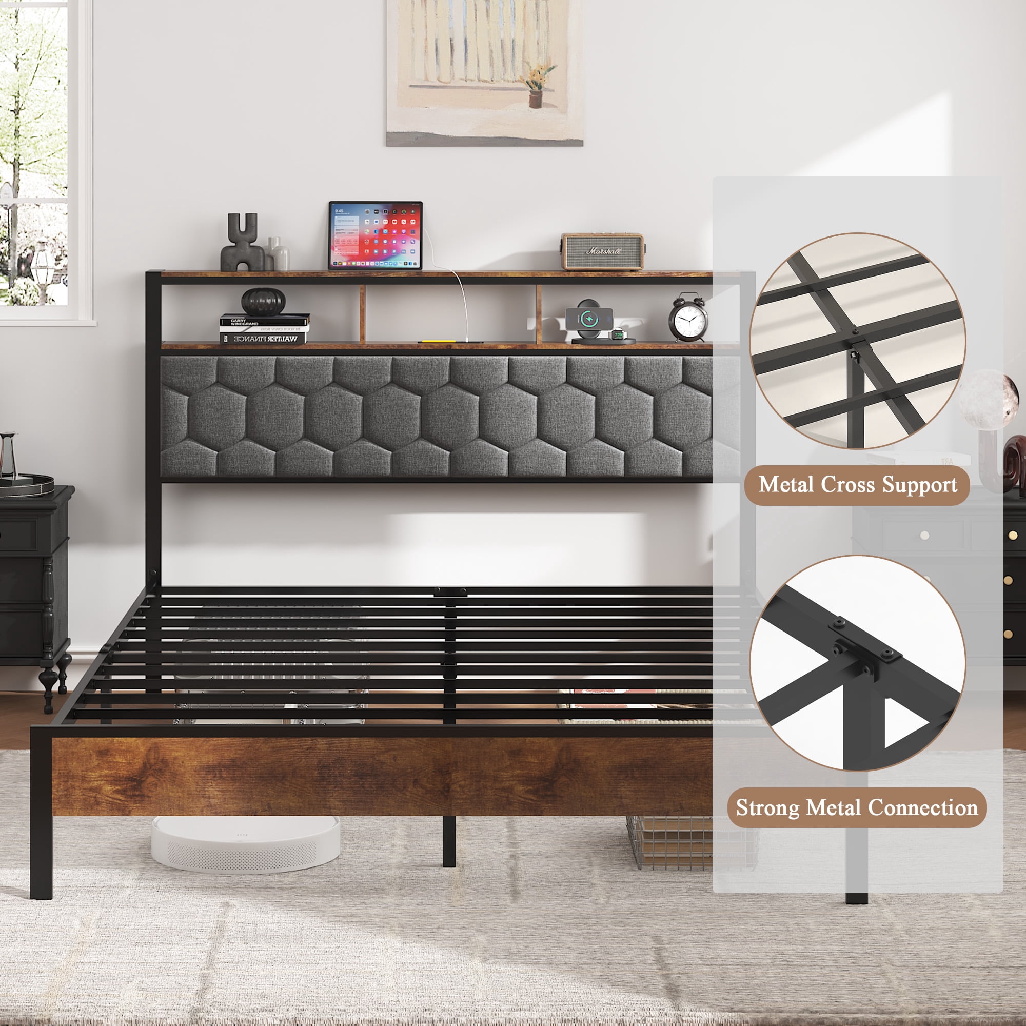 Yoneston Full Size Bed Frame with Upholstered Storage Headboard and USB Charging, Retro Metal Platform Bed Frame with Under-Bed Storage Noise Free for Bedroom, Brown