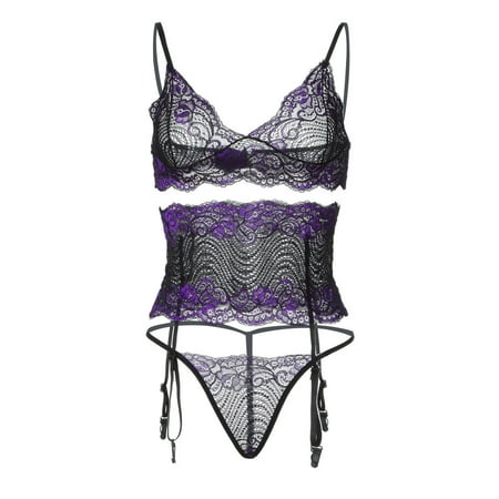 

OVTICZA Womens Babydoll Plus Size Lingerie Set Teddy Lace Bra and Panty Sets Eyelash Sexy Lingerie with Garter S Purple