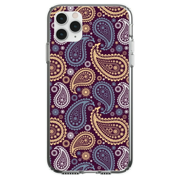 DistinctInk Clear Shockproof Hybrid Case for iPhone 12 / 12 PRO (6.1" Screen) - TPU Bumper, Acrylic Back, Tempered Glass Screen Protector - Purple Yellow Blue Paisley