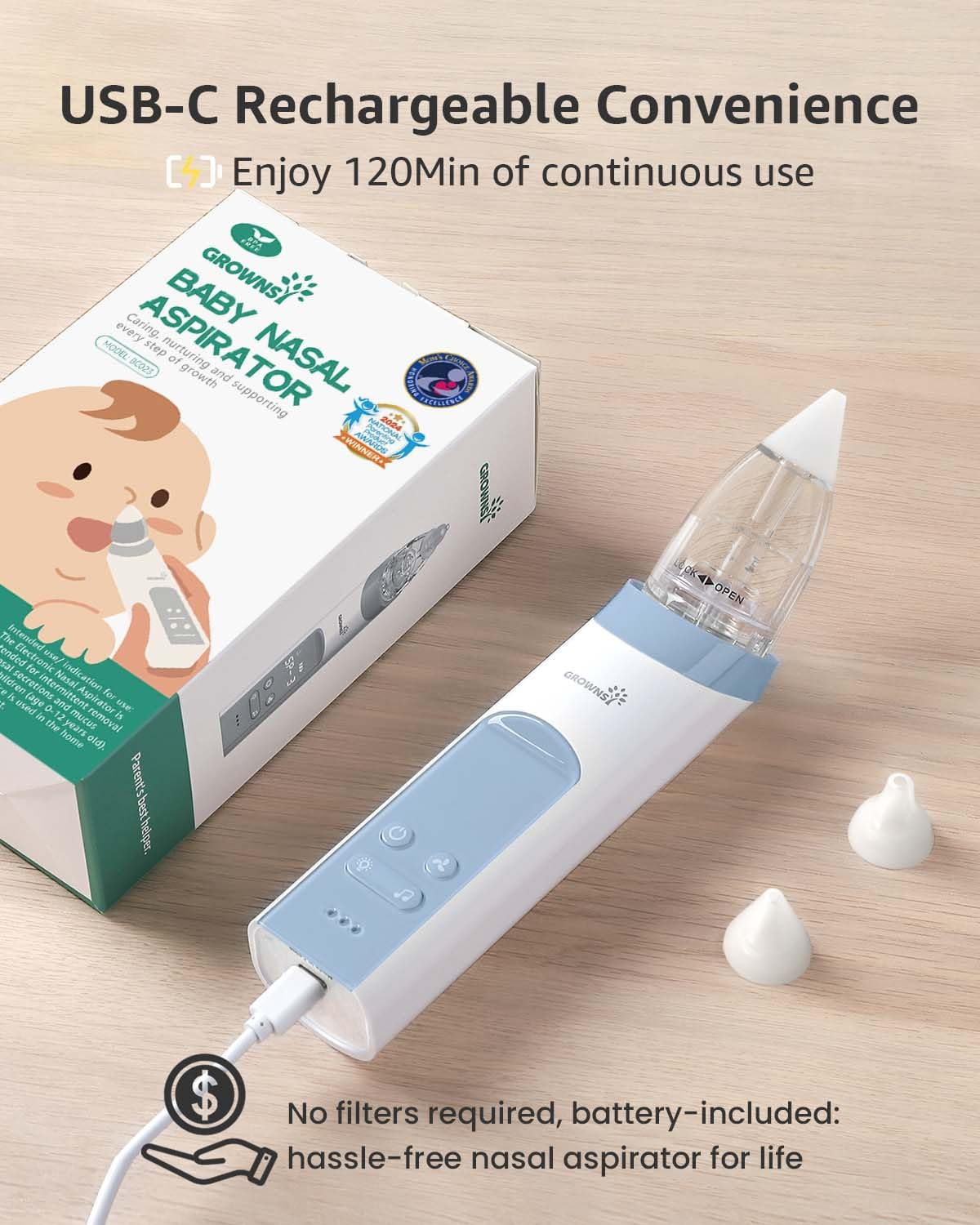 Grownsy Baby Nose Sucker with 3 Silicone Tips, 3 Suctions, Music and Light Soothing Function Blue
