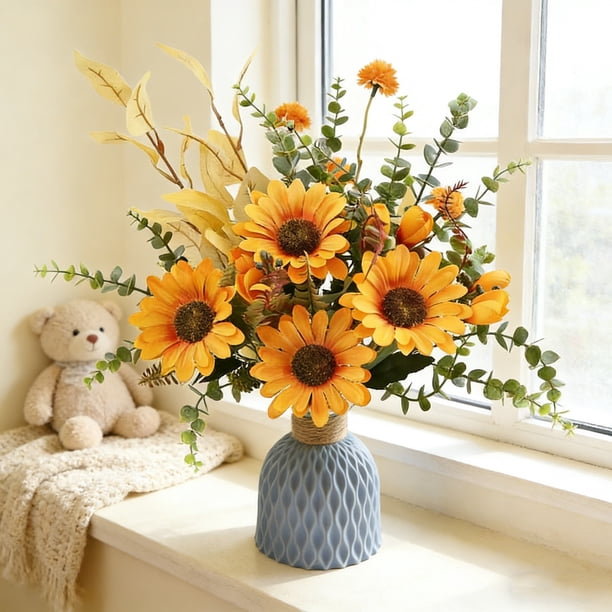 Ramo de Girasoles Artificiales con Jarrón, Arreglo de Flores Otoñales Artificiales para Decoración Del Hogar, Centros de Mesa y Decoraciones de Boda.