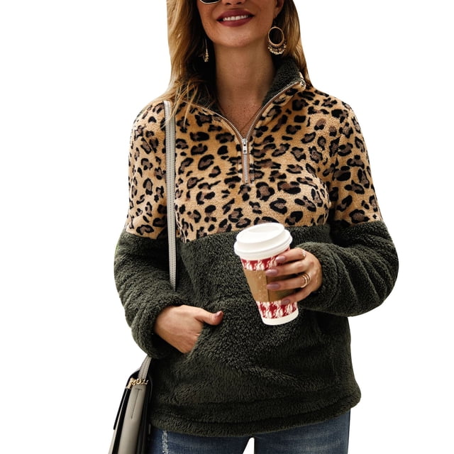 Sudadera de Mujer con Cremallera de un Cuarto con Estampado de Empalme Sudadera de Felpa Engrosada con Bolsillo para Primavera Otoño Invierno OD Verde XL