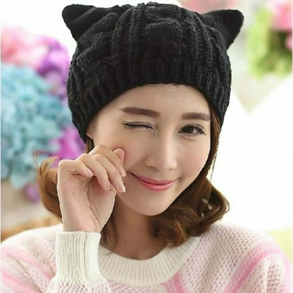 PEZHADA Winter Hats for Women Men,1PC Adult's Women's Acrylic Ears Knit Black Beanie Hat