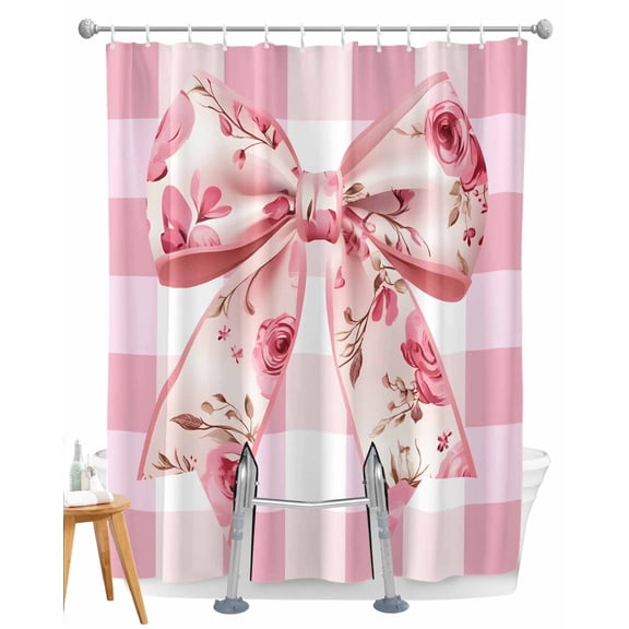 Split Shower Curtain for Transfer Bench, Pink Floral Print Fabric Shower Curtains for Bathroom, Checkered Bow Rose Flower Gingham Tub Sliding Transfer Bench Waterproof Bath Curtains 72"x84"