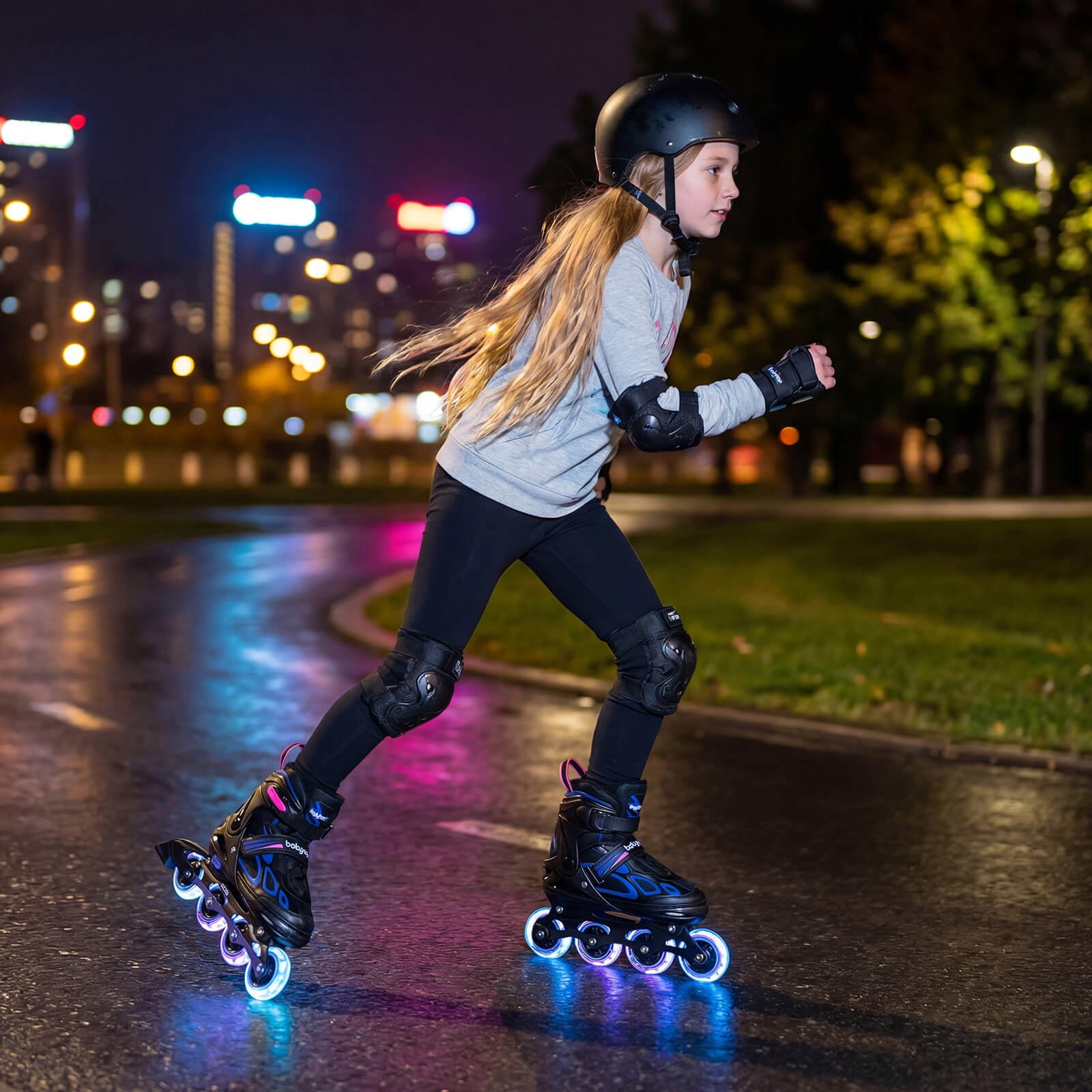 Babyjoy Adjustable Kids’ Inline Skates Ages 9-14 4 Sizes Adjustable Blade Roller with Light-up Wheels Purple & Black