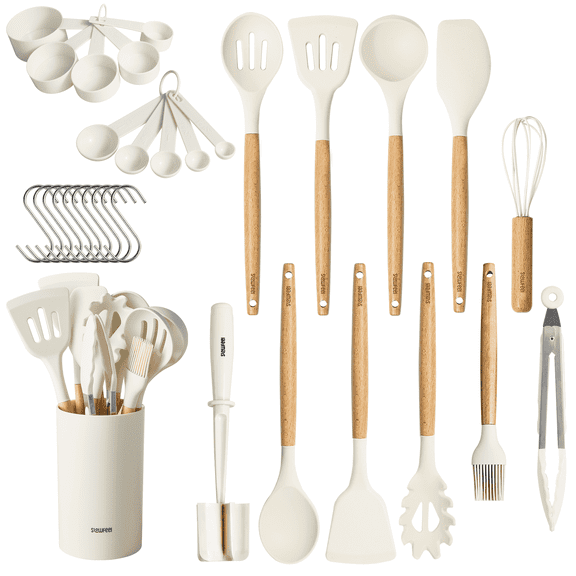 Slowfeel 32-Piece Silicone Kitchen Utensil Set with Wood Handles, Non-Scratch & Heat Resistant for Nonstick Cookware, Includes Holder, White
