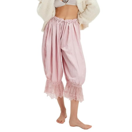 VISALY Flowy Pants for Women  Ruffle Bloomers  Lace-Up Home Wear for Women Ruffle Hem Capris Lace Trim Pantaloons Lingerie Pants Slips for Under Dress Hollow Lace Lace (Pink  L)