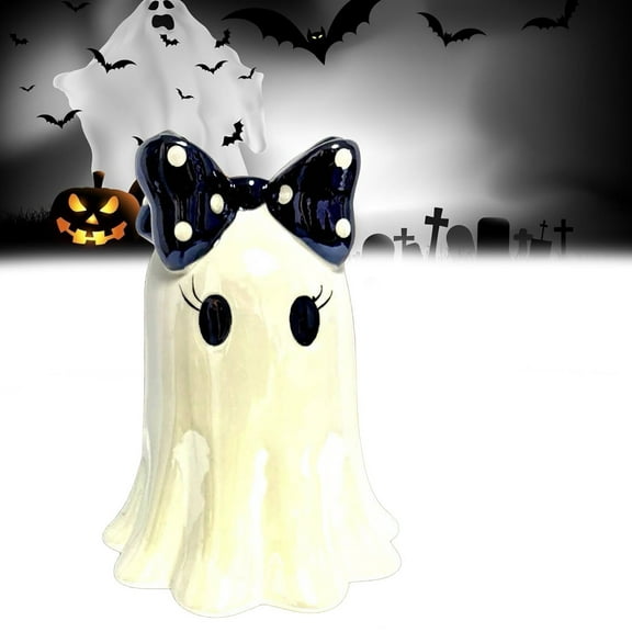 Halloween Cute Bow Ghost Statue - Halloween Decorations Indoor, Gothic Desk Decoration, Spooky Ceramic Ghost Figurine for Home, Office & Party | Gift for Women & Family (Black)