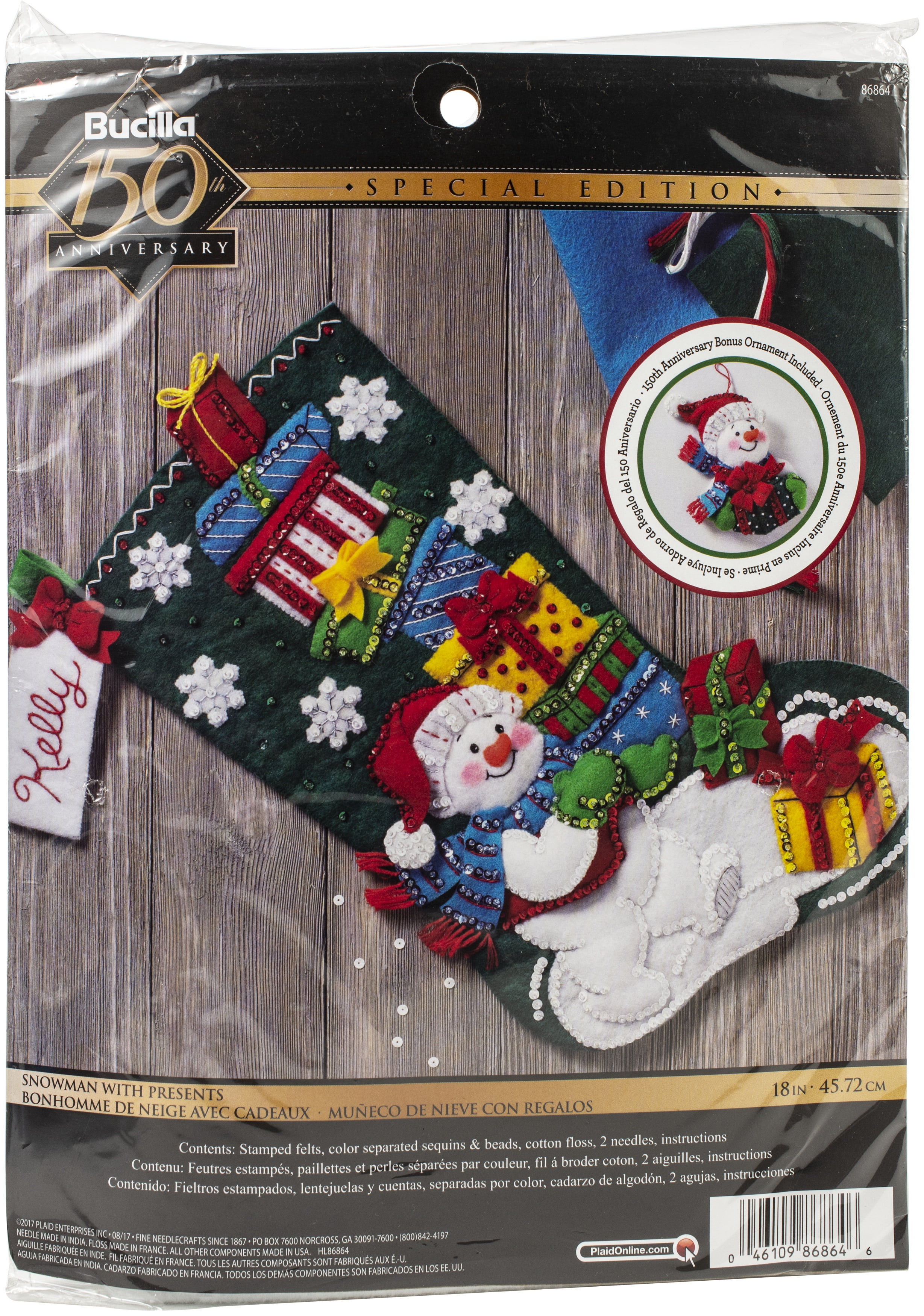 Bucilla Felt Applique 18" Holiday Stocking Kit Snowman With Presents