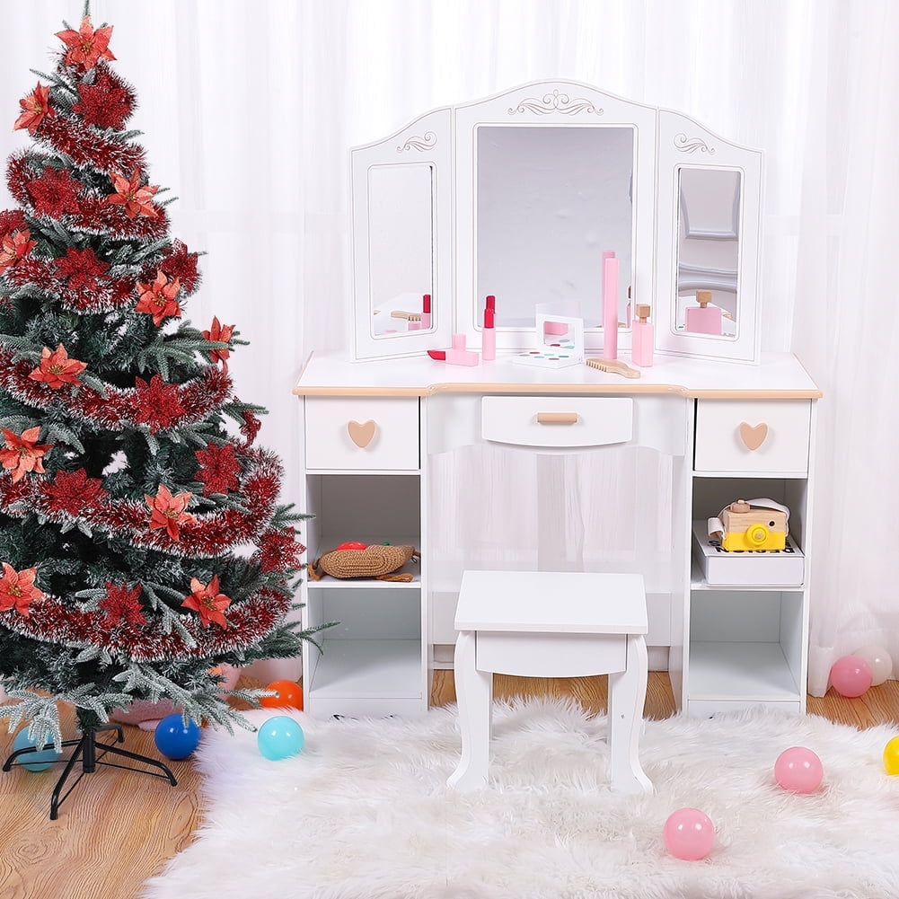 Oyang Girls' Vanity Table and Chair Set for Age 4 - 9, Wood Pretend Beauty Make Up Dressing Vanity Set with Mirror & 3 Drawers, White