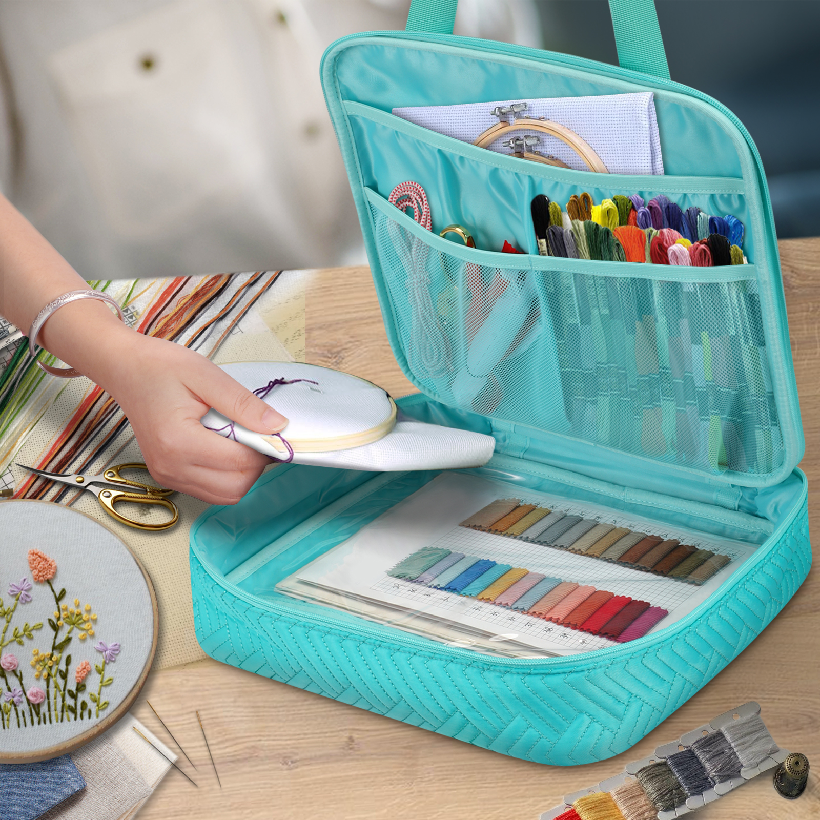 FINPAC Embroidery Bag, Cross Stitch Storage, Square Quilted Tote Organizer with Multiple Pockets for Floss, Hoops, Thread, Stitch Tools Kit [Bag Only], Green