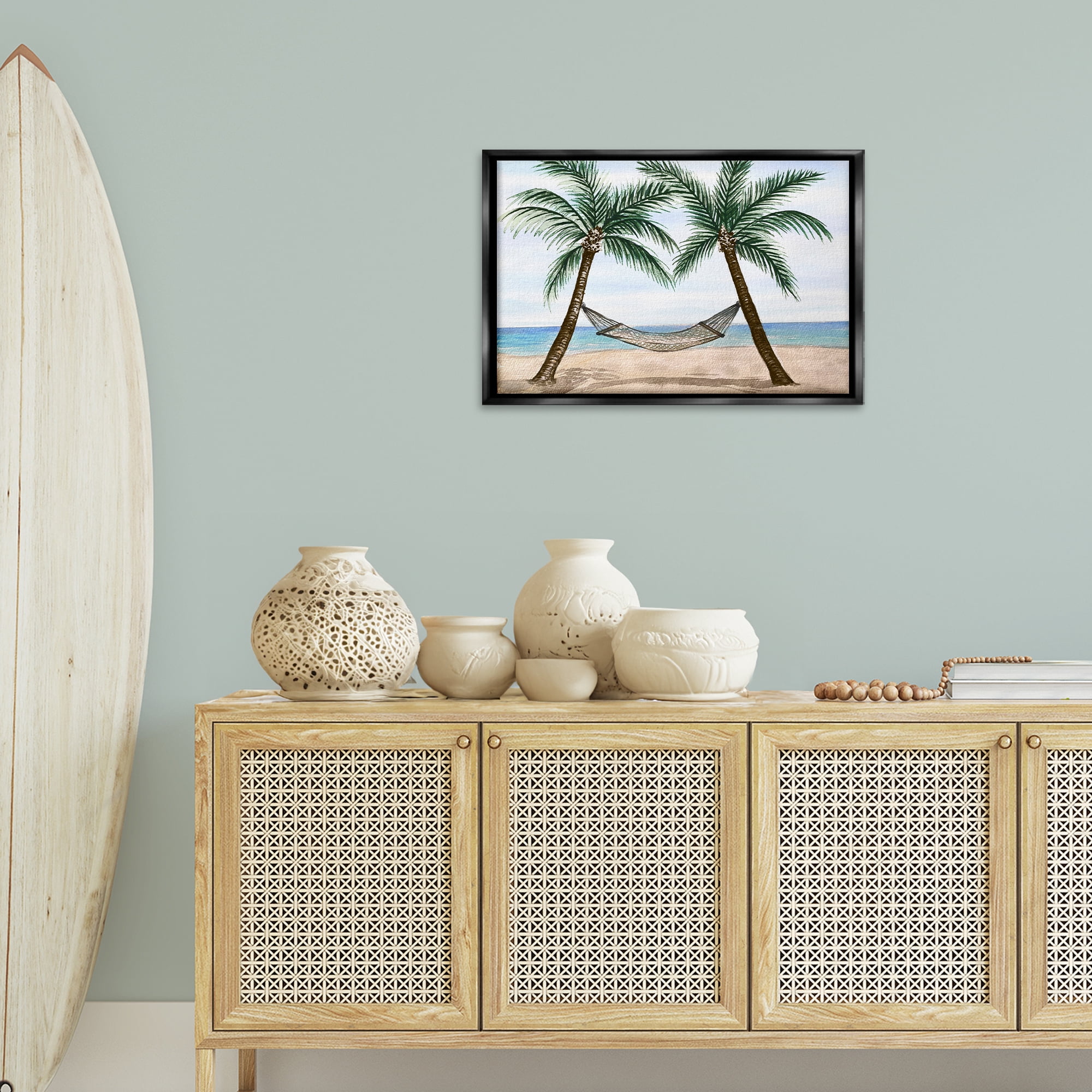 Stupell Industries Hammock Between Palms Landscape Painting Black Floater Framed Canvas Art Print Wall Art, 25 x 17