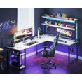 L Shaped Gaming Desk with Hutch & 2 Power Outlets & 2 LED Strips