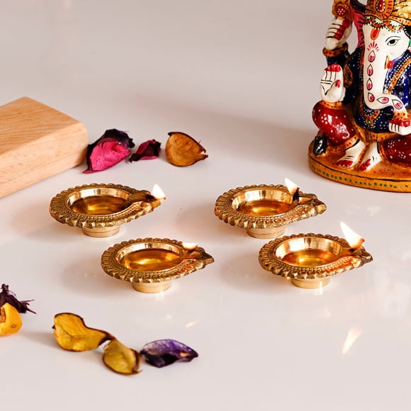 Golden Set Of 4 Auspicious Handcrafted Brass Diya - Ideal For Festivals, Home Decor & Thoughtful Gifting