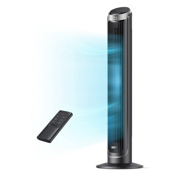 Dreo Ventiladores de torre para dormitorio, ventiladores oscilantes de 90° para interiores, 5 velocidades, 4 modos máximo 26 pies/s, temporizador de 12 horas, pantalla LED con tacto, control remoto, v