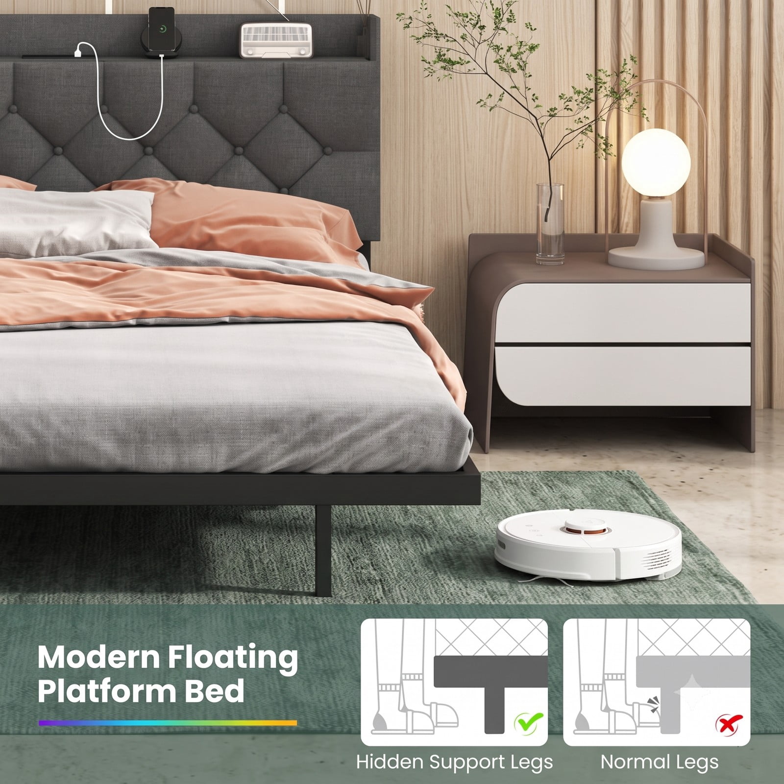Furnibear Queen Bed Frame with Storage, Upholstered Floating Platform Bed with LED Lights, Storage Headboard and Charging Station, Gray