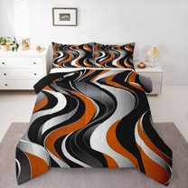 Manfei Girly Orange Minimalst Queen Comforter Set, Stripes Ombre Bedding Comforter Set, Abstract Geometric Reversible Bedding Set, Lightweight Room Decor, 3-Piece