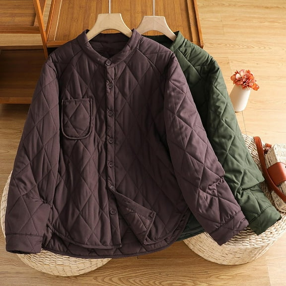 Xdegoge Lightweight Womens Quilted Jacket Padded Barn Jackets Button Up Crewnceck Coat Plus Size Casual Loose Coats Fall Winter Trendy Warm Outerwear with Pockets