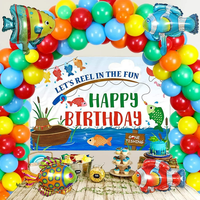 Fishing Theme Birthday Party Decorations Red Yellow Blue Green Fish Theme  Balloon Garland Kit Gone Fishing Birthday Party Backdrop Decors the Big One