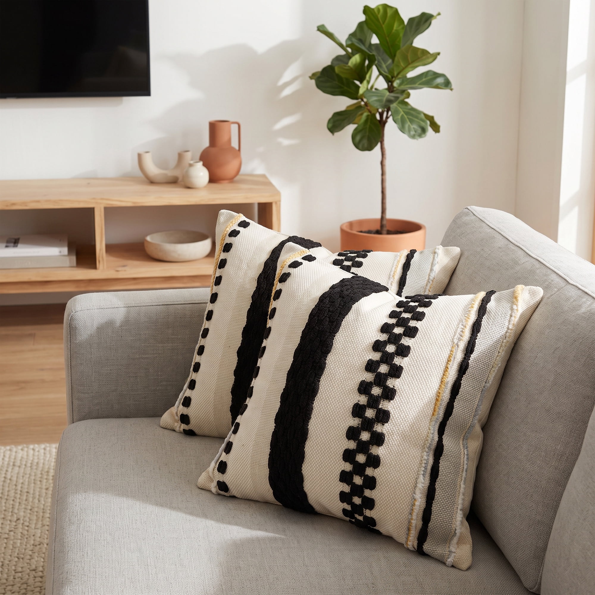 Unique Bargains 3D Chenille Tufted Throw Pillow Cover Grid Stripe Case Black 18"x18"