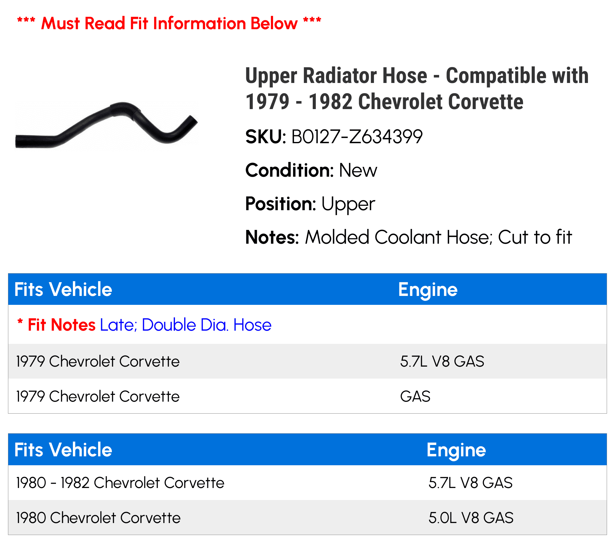 Upper Radiator Hose - Compatible with 1979 - 1982 Chevy Corvette 1980 1981