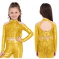 thumbnail image 5 of Haitryli Kids Girls Long Sleeve Sequins Ballet Jazz Hip Hop  Dance Crop Top Tassel Finger Holes Gymnastics Tee Shirt Blouse Gold 12, 5 of 7