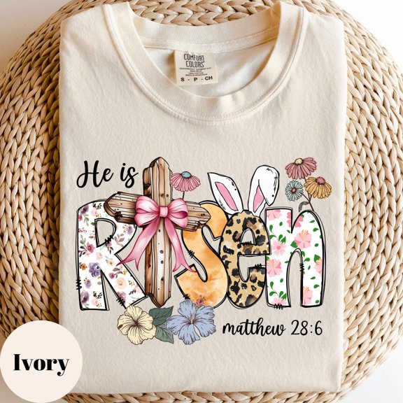 He Is Risen Easter Shirt Christian Bible Verse Matthew 28:6 Religious Faith Graphic Tee