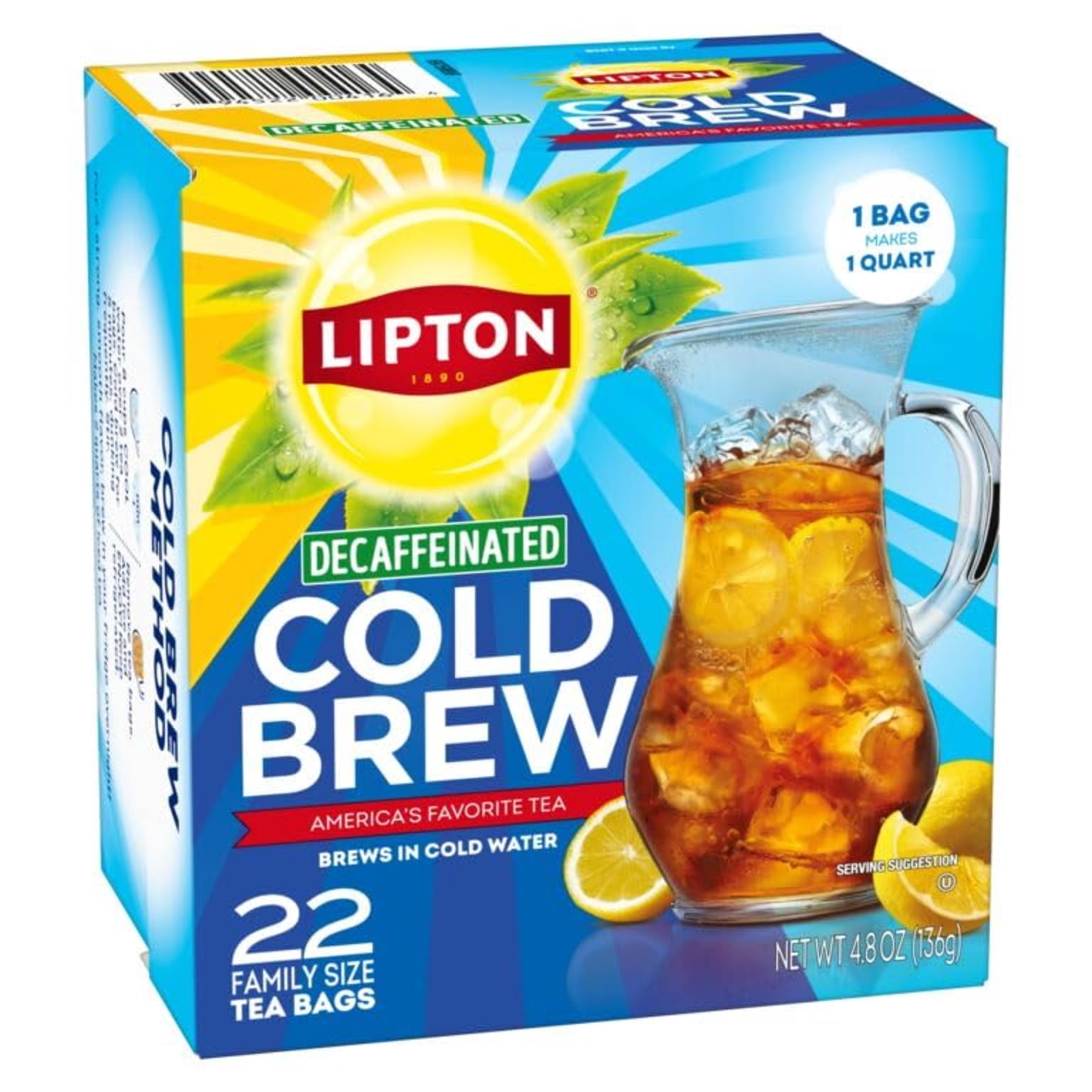 Lipton Cold Brew Unsweetened Decaffeinated Black Iced Tea, 22 Family Size Bags (Pack of 3)