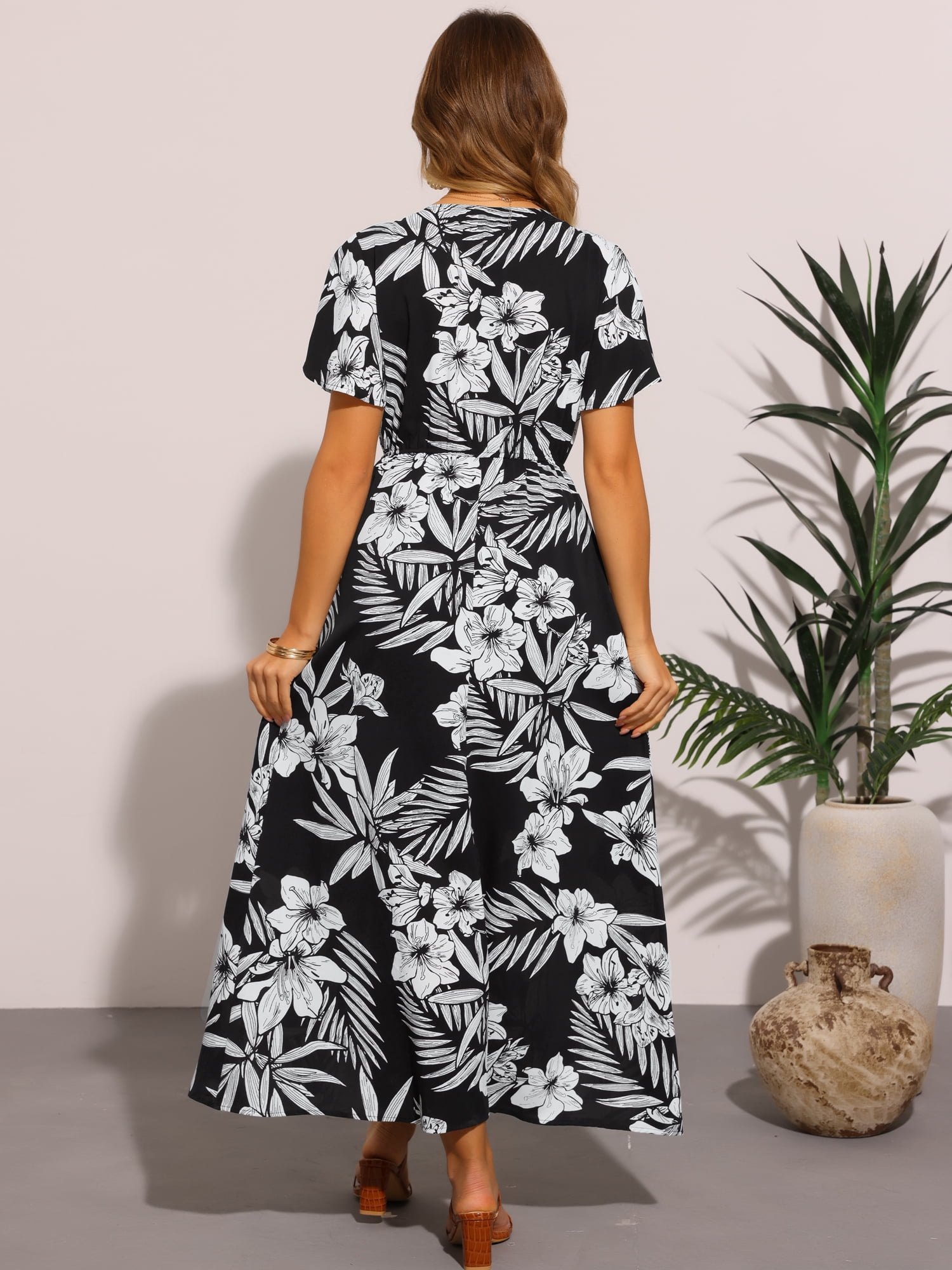 DARING DIVA Short Sleeve Tropical Slit Wrap V Neck Maxi Floral Dress XS Black