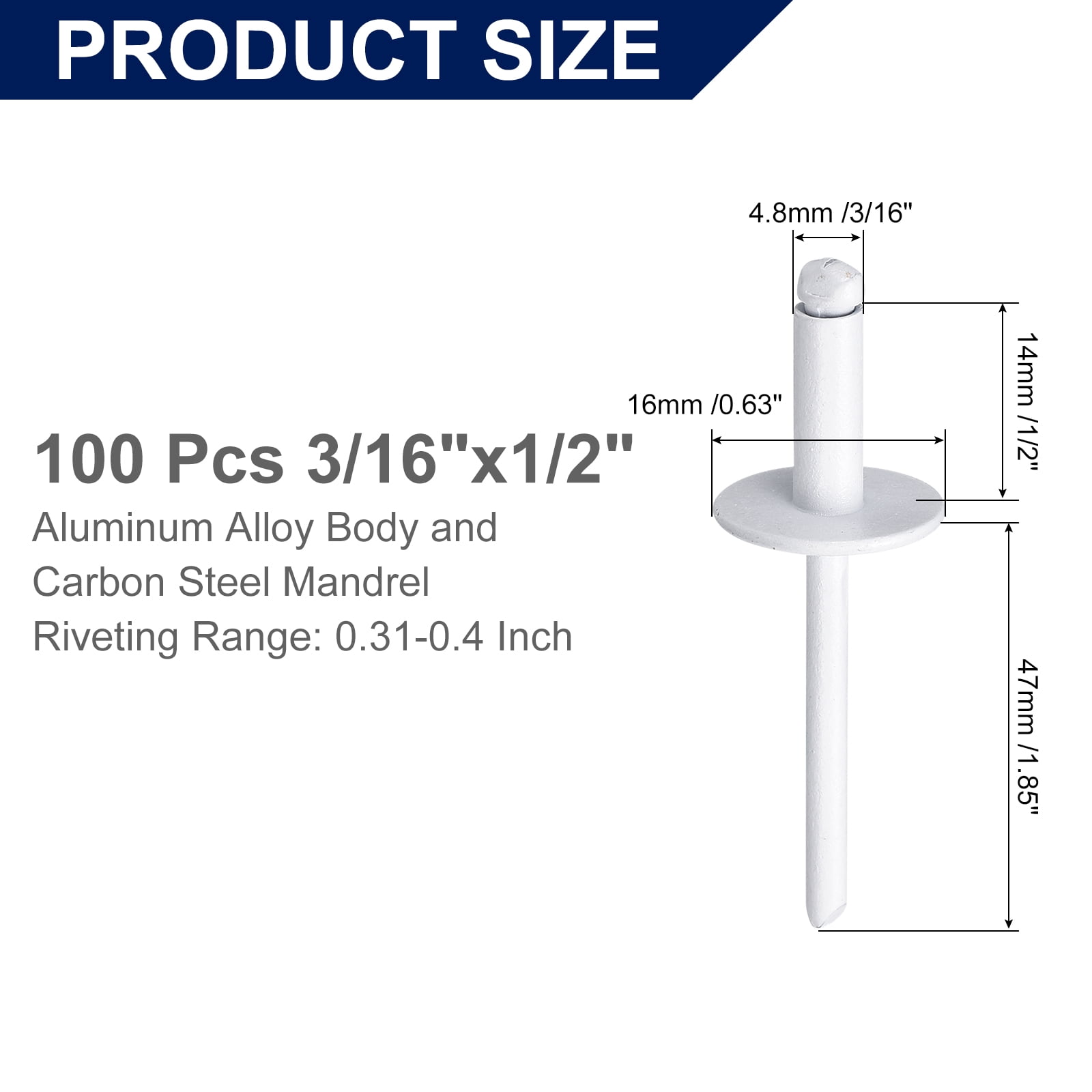 Uxcell 100Pcs 3/16"x1/2" Aluminum Blind Rivets, Large Flange Rivets Fasteners, White