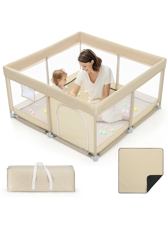 TEAYINGDE Baby Playpen Large Play Yard Fence With Mat for Toddlers, 50"x50" Khaki