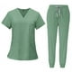 thumbnail image 2 of Conjunto exfoliante femenino, ropa de trabajo de enfermera, escote en V, Top profesional lavable a máquina y Verde jinwen Blusa y pantalones médicos, 2 of 8