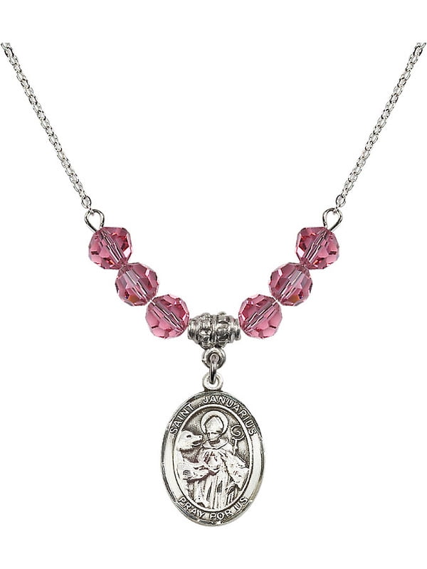 Bonyak Jewelry 18 Inch Rhodium Plated Necklace w// 6mm Rose Pink October Birth Month Stone Beads and Saint George Charm