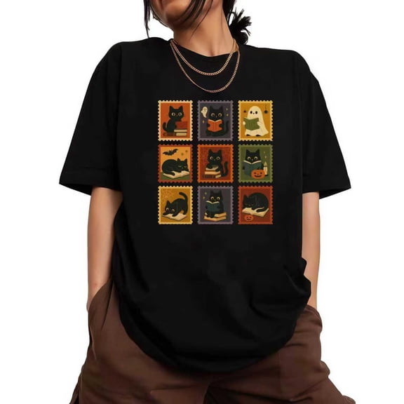Halloween Graphic Tee for Women - Spooky Black Cats, Ghost & Pumpkin T-Shirts, Comfortable Top,Retro,cotton,black,S-5XL