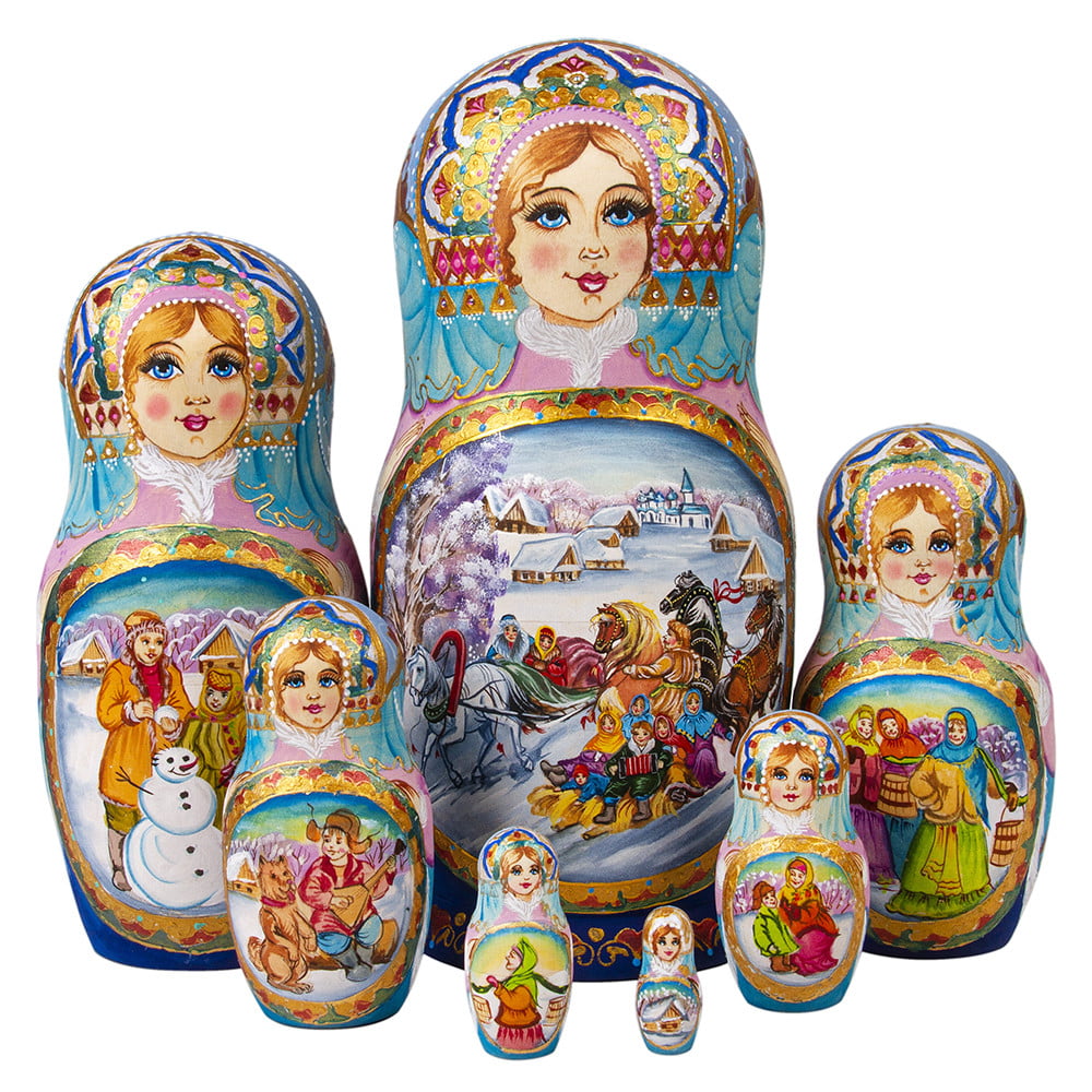 4" Russian Nesting Dolls Matryoshka Gzhel  Pattern Hand Painted in Russia 5 pcs 