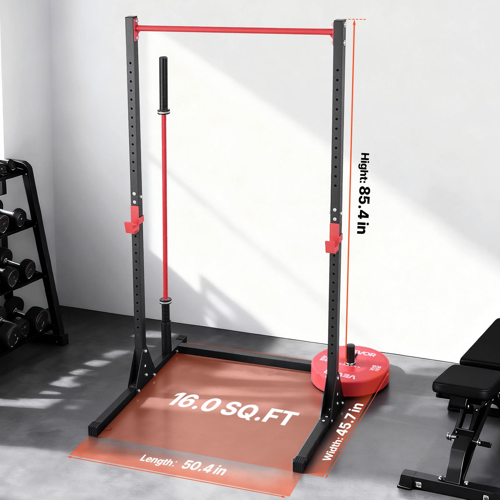 KFFKFF Power Cage Squat Rack, Versatile Workout Equipment with 28-Level Adjustable J-Hooks, 800LBS Capacity for Strength Training, Barbell Squats, Pull-Ups, and Weight Lifting at Home