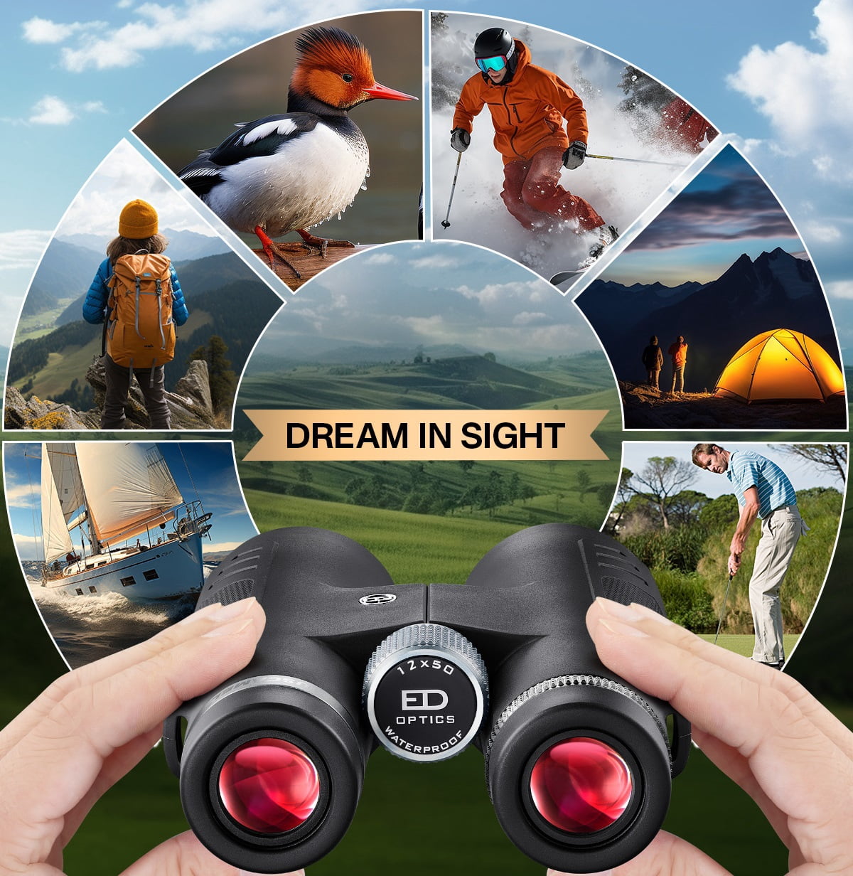 USCAMEL 12x50 ED Binoculars for Adults, Pro Binoculars Roof BAK4 Prism FMC ED Glass Waterproof Fog-proof, w/Gift Box, Binoculars for Bird Watching, Hunting, Black
