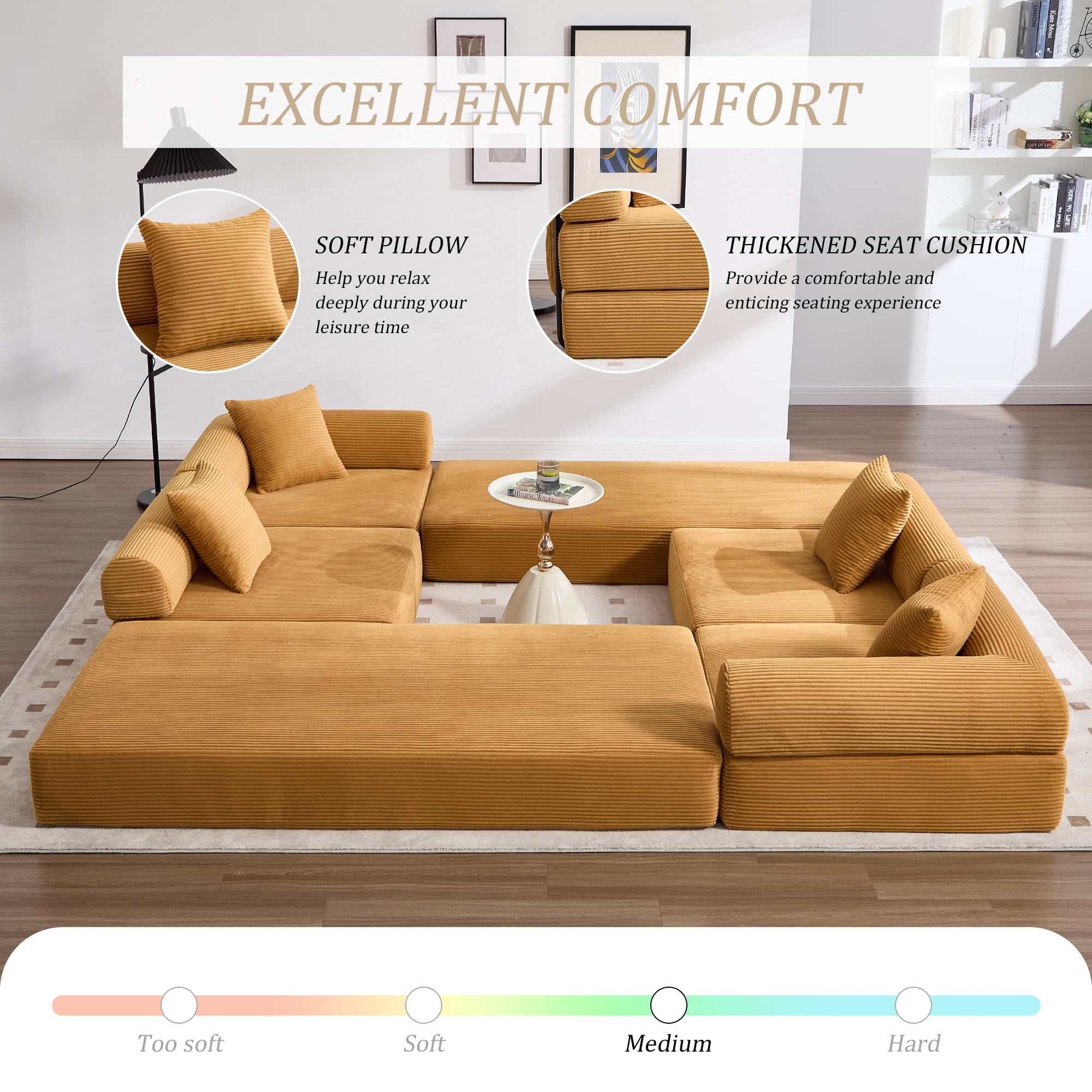 MOONMISS Corduroy Upholstered Convertible Folding Sofa Bed with Fixed Frame and Pillow Back Handrail-Yellow