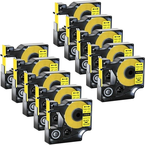 GREENCYCLE 10PK Industrial Rhino Heat Shrink Tubes Compatible for DYMO 18056 12mm 1/2" Black on Yellow Cable Label Tape