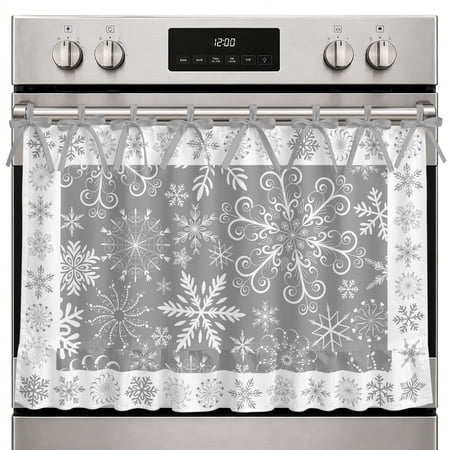 Farmhouse Oven Skirt Curtain Snowflakes Christmas Oven Curtain Tie Top Grey Xmas Winter Vintage Stove Skirt Curtains with Ties&Ruffle Trim Dishwasher Skirts Curtains Cover for Cabinet Kitchen 32 x24