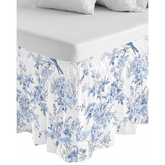 Blue White Flowers Wrap Around Bed Skirts for King Bed 16" Drop, Bed Skirt with Adjustable Elastic Belt Dust Ruffle Bed Valance for Bedroom Hotel Luxury Spring Summer Floral Botanical Bed Frame Cover