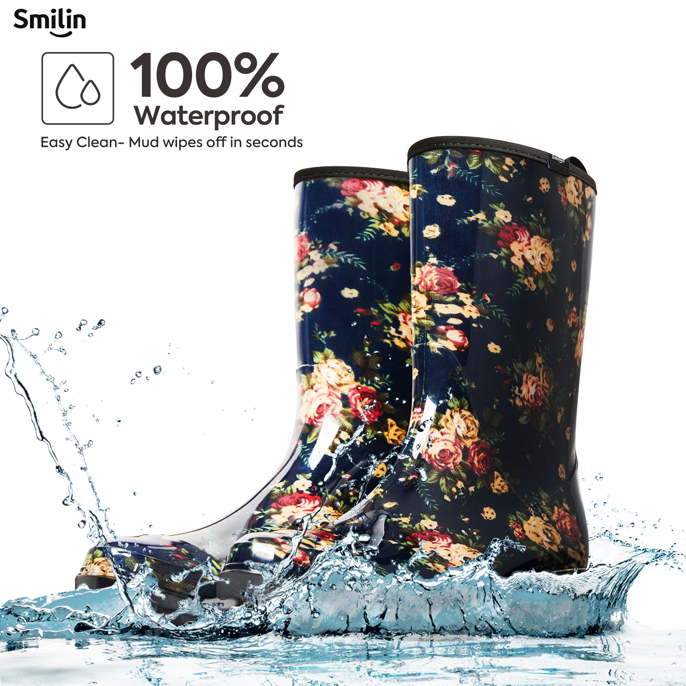 SMILIN Women's Rain Boots, Waterproof Non-slip High Ankle Garden Boots，Navy Floral, Size 8