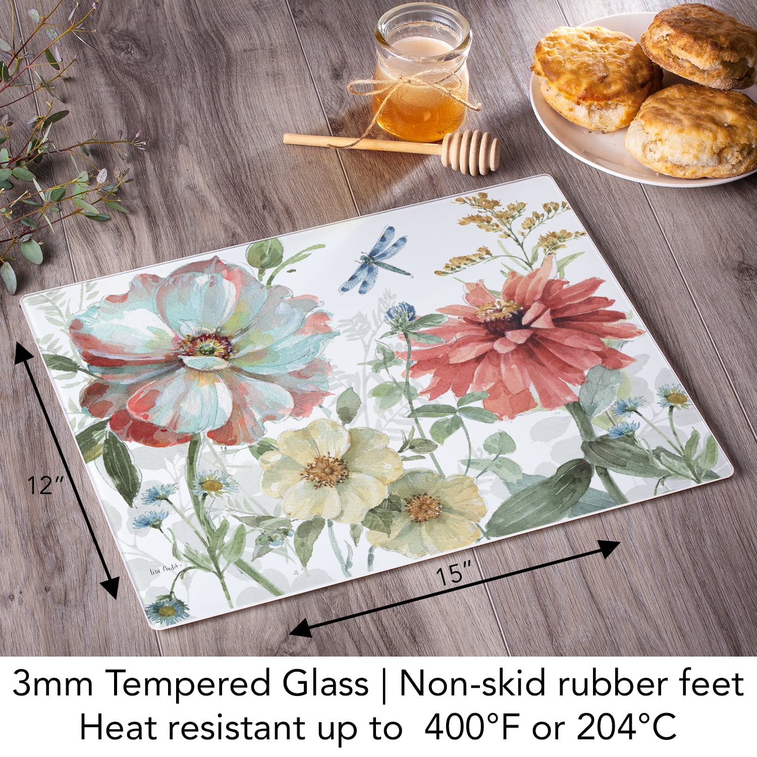 CounterArt Spring Meadow 3mm Tempered Glass Cutting Board 15" x 12"