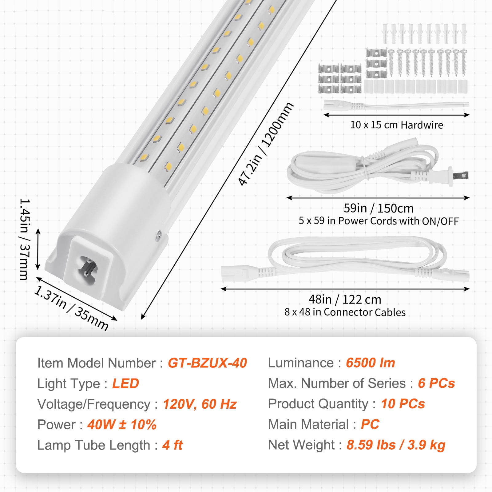 KFFKFF LED Shop Light Bundle of 10, 4 Feet, 40W, Connectable Shop Light Fixture, 6500 Lumens Ceiling Lamps, 59-inch Power Cables with ON/OFF Switch, 48-inch Connector Wires, Suitable for Garage